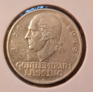 Deutsche Münze Drei 3 Reichsmark 1729-1929 GOTTHEPHRAIM LESSING Ausgabe A sehr selten - Bild 1 von 2