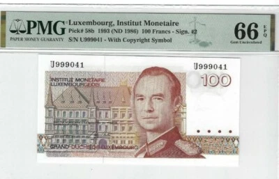 1993 LUXEMBOURG 100 Francs PMG66 EPQ GEM UNC [P-58b] 豹子头999 - Image 1 of 2