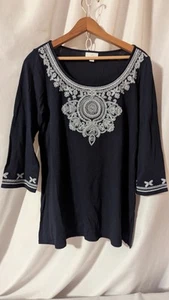 J Jill Women's Top Navy Blue Cotton Modal Embroidered 3/4 Sleeves Size S Small - Picture 1 of 11