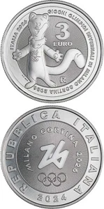 Italy 2024 year PROOF silver coin 3 euro Winter Olympic Games Milan Cortina 2026 - Picture 1 of 5