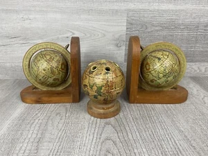 Vintage Holz alte Welt Globus Buchstützen Drehachse Paar & Bleistifthalter - Bild 1 von 7