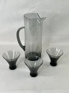 Vintage MCM Morgantown Normandie Smoked Glass Cocktail Set Pitcher & 3 Glasses - Picture 1 of 10