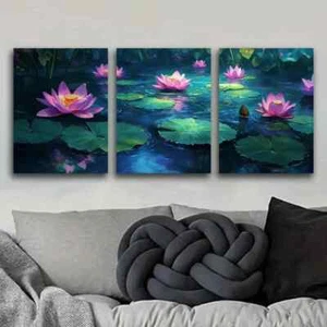 3pcs Water Lilies in Moonlight Luxurious Home Wall Art Canvas Framed 50x70cm - Foto 1 di 3