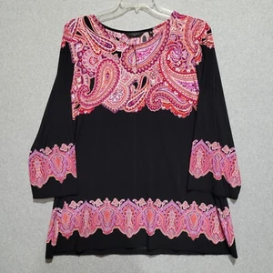 Investments II Tunic Womens 2X Keyhole Paisley Boho Print Black Pinks Orange - Picture 1 of 9
