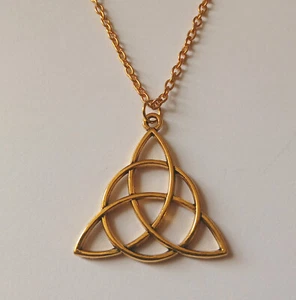 Large Celtic Triquetra Trinity Knot Long Gold Plate Necklace - Picture 1 of 1