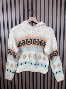 New Zara Sweater 11-12 / S Youth Ivory Crotchet Wool Knit Hooded Soft Geometric - Picture 1 of 7