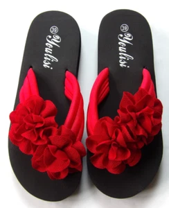 Flip-Flops with Red Soft Flower Accent - Women's Casual Open Toe Sandals - Picture 1 of 7
