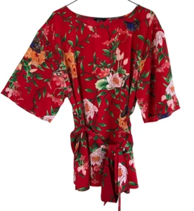 Top blusa donna Avon L 12-14 tunica rosso fascia cintura cottage core farfalle - Foto 1 di 8