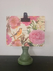 Pedestal Recipe Card Picture Holder Display Green w/Paris Bird Flower Image OOAK - Picture 1 of 10
