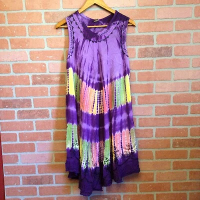 Purple multicolor Tie Dye Embroidered sleeveless Swimsuit Cover boho dress - Image 1 of 4