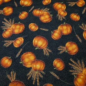 Autumn Glow BTY Quilting Treasures Orange Pumpkins on Black Gold Highlights - Picture 1 of 3