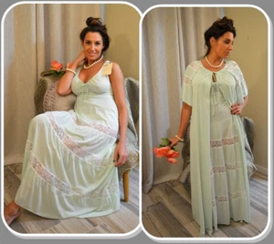 Juego Peignoir Shadowline verde menta SIN USAR, bata, camisón, encaje blanco, suéter completo - Imagen 1 de 10