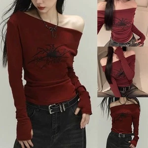 Red Long Sleeve Off Shoulder T Shirt with Gothic Spider Print for Women - Picture 1 of 36