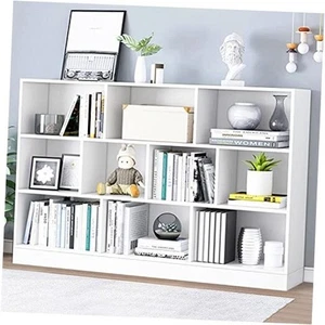  Open Shelf Low Bookcase - Wooden 3-Tier Floor Standing 140CM Base Warm White - Picture 1 of 8