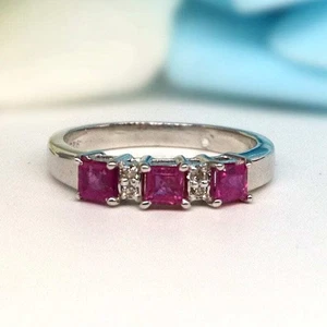 Natural Ruby and Moissanite 925 Sterling Silver Women Half Eternity Band Ring - Picture 1 of 4