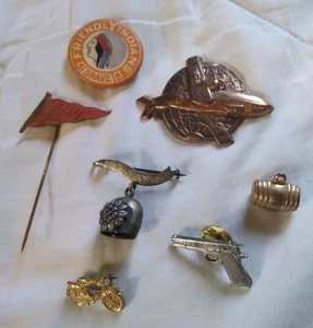 Vintage Junk Drawer Lot Charm and Pins Libby Colt Schwinn Seagram's Airplane. - Picture 1 of 14