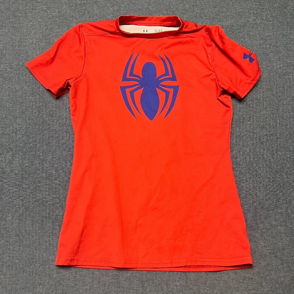 Under Armour HeatGear Youth T-Shirt Size L Red Blue Spider-Man Fitted Marvel Tee - Image 1 of 4