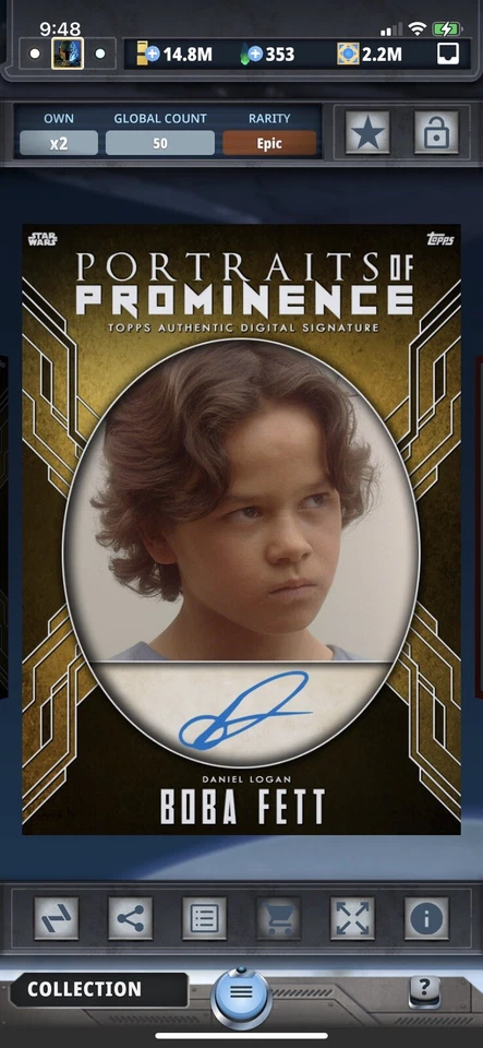 Topps Star Wars Digital Card Trader Gold Portraits Of Prominence 2 Boba Fett Sig - Image 1 of 1