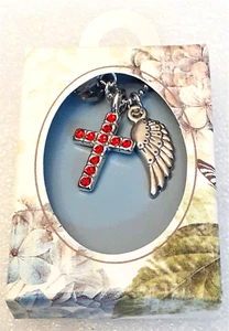 July Birth Color Red Crystal Paved Cross & Angel Wing Necklace New Box NOS 2000s - Picture 1 of 4