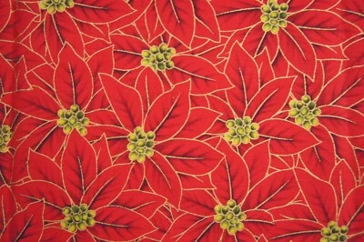 3/4 Yard  Red Poinsettias w/ Shinny  Gold Trim Cotton Quilting Fabric 30" X 44" - Image 1 of 2