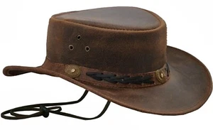 Cappello in vera pelle marrone marrone chiaro stile western cowboy australiano Bush cinturino regolabile - Foto 1 di 4