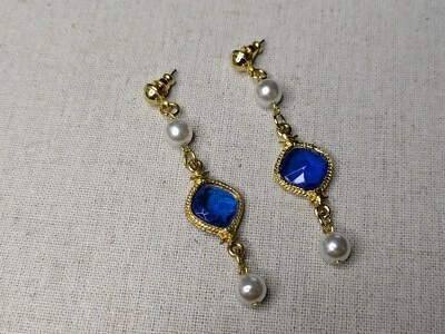 Шикарные золотистые серьги-капли, кобальтовый синий камень, жемчуг - Изображение 1 из 4