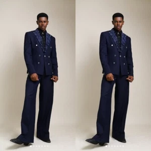 Azul Marino Hombres Trajes Pico Solapa Cuentas Lentejuelas Moda Fiesta Hombres Esmoquin Pantalones 2 Piezas - Imagen 1 de 16