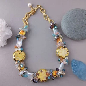White Pearl Shell Flower Murano Glass Multi Color Crystal Statement Necklace - Picture 1 of 10