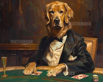 8x10 Matte Print_ Dapper Golden Retriever in Tuxedo Sitting - Image 1 of 4