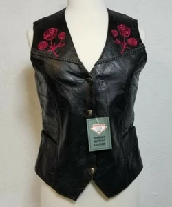 Black Buffalo Leather Snap Buttons Embroidered Pink Flowers Women's Small NWT - Picture 1 of 7