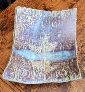 Studio Art Pottery Signed Hand Mark Rectangle Curved Footed Tray Bark Oak Leaf - Picture 1 of 5