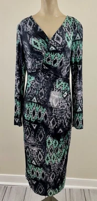 LAFAYETTE 148 NY Womens Sz 8 Multi Aztec Print Ruched V-Neck 3/4 Sleeve Dress - Image 1 of 4