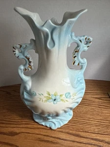 Vintage Double Handle Vase with Scalloped Top, Gold Trim, Blue Flower Motif - Picture 1 of 6