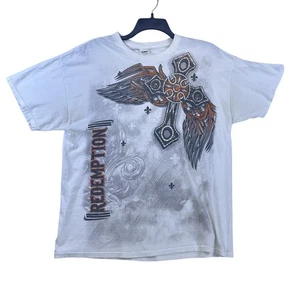 Redemption Y2K Shirt Mens Extra Large White Cross Wings Fleur-de-Lis Graphic Tee - Picture 1 of 11