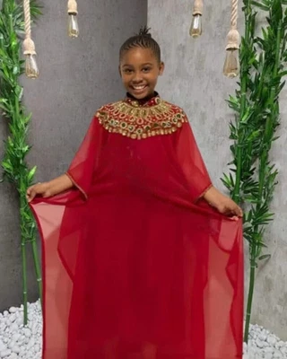 Niñas Niños Vestido Dubai Especial Nuevo Marroquí Ramadán Rojo Caftán Georgette Boda Foto 1 de 3