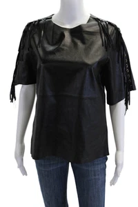 To Be Adored Womens Back Zip Short Sleeve Fringe Leather Tee Shirt Black Small - Picture 1 of 5