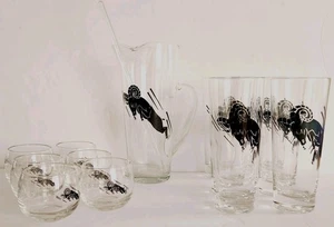 Glas Cocktail Set Krug 12 Gläser Bareware Schwarz Widder/Widder Vintage 70er MCM  - Bild 1 von 9
