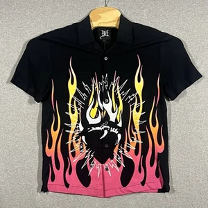 Ed Hardy Shirt Mens Small Black Pink Dipped Fire Heart Collar Button Up Camp - Picture 1 of 7