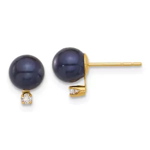 14K Solid Yellow Gold 6mm Black Round Freshwater Cultured Pearl Diamond Stud ... - Picture 1 of 5