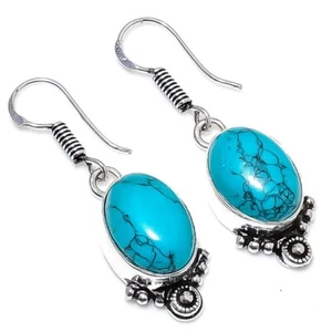 Blue Turquoise Gemstone Handmade 925 Sterling Silver Jewelry Earring Size 1.4" - Picture 1 of 1