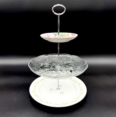 Suporte para bolo floral peônia servidor de sobremesa 3 camadas pratos vintage novo hardware rosa verde - Imagem 1 de 4