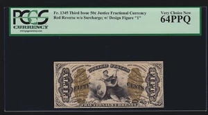 US 50¢ Fractional Currency Note Justice '1' Red Back FR 1345 PCGS 64 PPQ V Ch CU - Picture 1 of 2