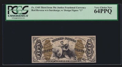 US 50¢ Fractional Currency Note Justice '1' Red Back FR 1345 PCGS 64 PPQ V Ch CU - Image 1 of 2