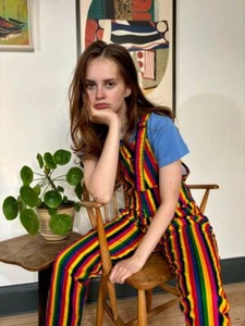Womens Run & Fly Dungarees Over the Rainbow Stripes Retro stretch Pride 70s 80s - Picture 1 of 10