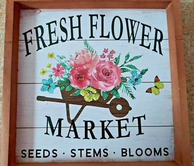 "FRESH FLOWER MARKET" SQUARE WOODEN  HOME DECOR SIGN - Image 1 of 3