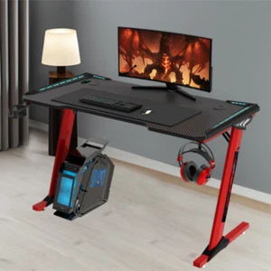 RGB Gaming Desk Computer Table RGB LED Light Z Shape 140cm Red - Picture 1 of 6