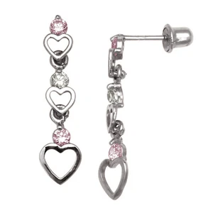 14K White Gold Zircon & Tourmaline Open Heart Dangle Stud Screwback Earrings - Picture 1 of 1