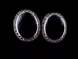 Argento D'Epoca Onice Nera Marcasite Medio Secolo Clip Retro Orecchini 1.1â - Foto 1 di 5