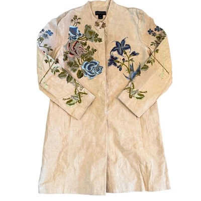 Beautiful Bagatelle Genuine Leather Floral Embroidered Long Jacket Coat Size 14 - Image 1 of 4