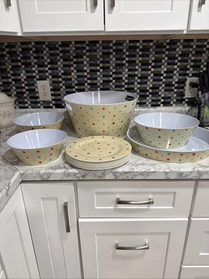 NEW!! Temptations Polka Dot Melamine Beverage Tub Set W/Plates & Serving Tray - Image 1 of 4